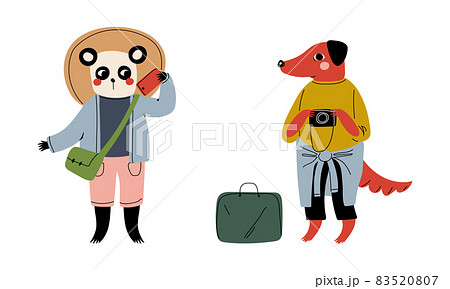 Panda and Dog Animal Tourist or Traveler with Luggage and Camera Having Trip on Vacation Vector Set 83520807