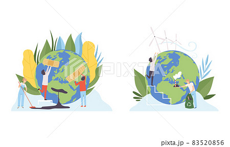 People Character Cleaning Earth Planet Taking Away Industrial Plant and Sticking Plaster Care of Ecology and Environment Vector Illustration Set 83520856