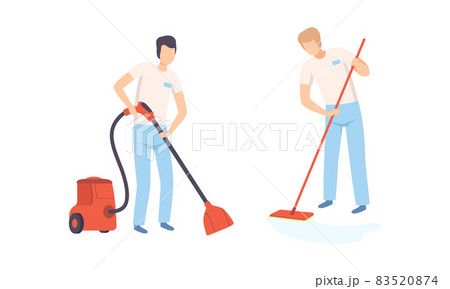 Young Man Professional Cleaner in Blue Uniform Mopping Floor and Vacuum Cleaning Vector Set 83520874