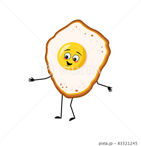 Cute character scrambled eggs with yolk and protein, with joyful emotions, happy face, smile, eyes, arms and legs. Fun food for breakfast. Vector flat illustration 83521245