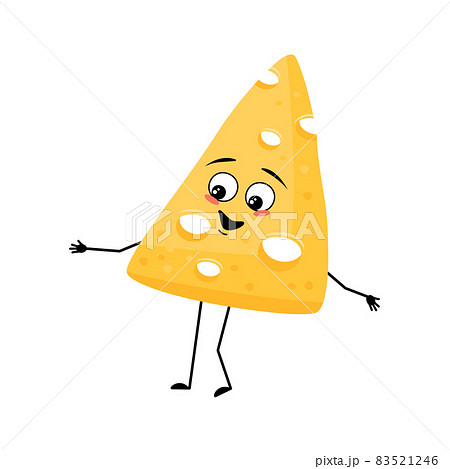 Cute cheese character with joyful emotions, happy face, smile, eyes, arms and legs. Fun dairy meal or snack. Vector flat illustration Cute cheese character with joyful emotions, happy face, smile, eyes, arms and legs. Fun dairy meal or snack. Vector flat illustration 83521246