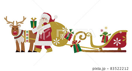 クリスマス_そりを引く赤い鼻のトナカイとプレゼントを配るサンタクロース_水彩タッチ 83522212