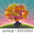 Magic spring tree with colored crown of leaves on the background of a sunny sunset with beautiful rays illustration. Nature landscape art in vector. 83523092