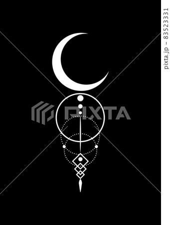 Mystical white Moon logo, half moon, Sacred geometry. Crescent moon pagan Wiccan goddess symbol, silhouette wicca banner sign, feminine energy circle, boho style vector isolated on black background 83523331