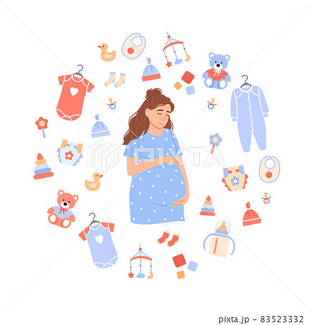 Happy pregnant woman portrait on baby background. Flat Caucasian expectant holds belly in cartoon circle frame with cute kids clothing toys accessories. Maternity concept illustration. 83523332