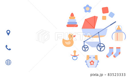 Baby store business card design template. Color flat creative identity on white background. Kids clothing, toy, apparel, furniture, accessories. Contact, mobile phone, web layout illustration. 83523333