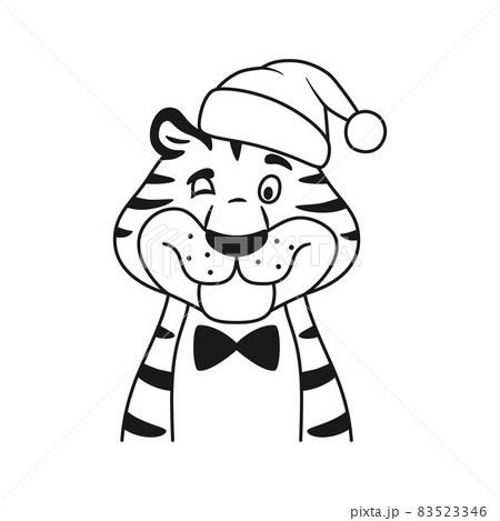 Black and white line winking tiger portrait isolated coloring page. Cartoon striped happy character in Santa hat. Adorable outline New Year symbol. Christmas holiday sketch wildcat vector illustration 83523346