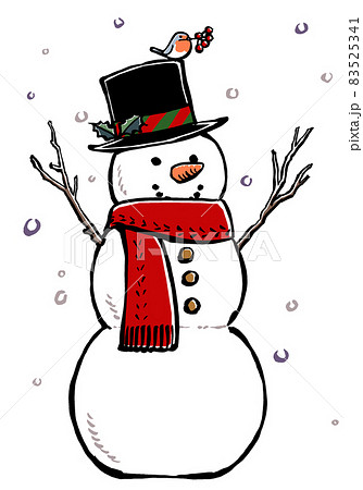 降る雪を背景にコマドリが留まるシルクハットのクリスマススノーマン 筆描き・マット塗り 降る雪を背景にコマドリが留まるシルクハットのクリスマススノーマン 筆描き・マット塗り 83525341
