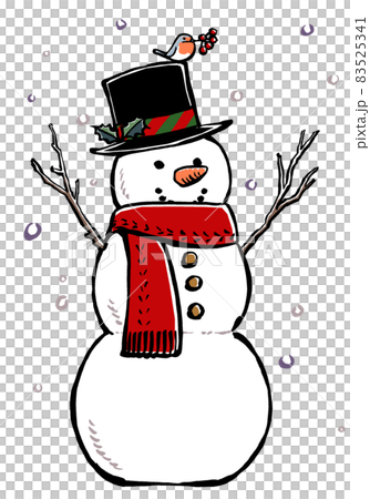 降る雪を背景にコマドリが留まるシルクハットのクリスマススノーマン 筆描き・マット塗り 降る雪を背景にコマドリが留まるシルクハットのクリスマススノーマン 筆描き・マット塗り 83525341