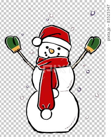 降る雪を背景にサンタクロースの帽子にマフラーとミトンのクリスマススノーマン　筆描き・マット塗り 83525347