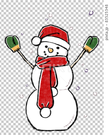 降る雪を背景にサンタクロースの帽子にマフラーとミトンのクリスマススノーマン 版画風のイラスト素材