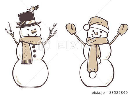 シルクハットとサンタクロースの帽子の2体のクリスマススノーマン 筆描き 2色塗りのイラスト素材