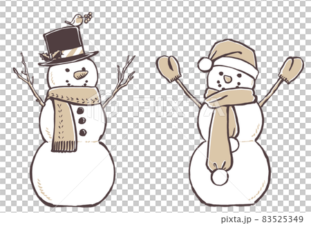 シルクハットとサンタクロースの帽子の2体のクリスマススノーマン　筆描き・2色塗り 83525349