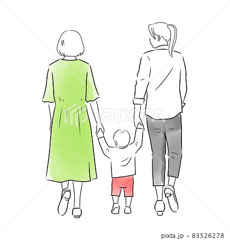 散歩中の家族 同性カップル の後ろ姿のイラスト 白背景 ベクター 切り抜き のイラスト素材