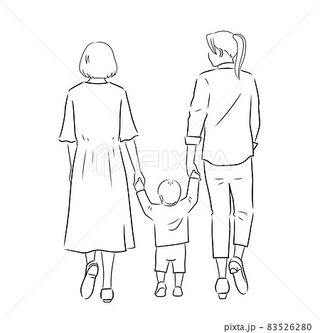 散歩中の家族 同性カップル の後ろ姿のイラスト 白背景 ベクター 切り抜き 線画 のイラスト素材