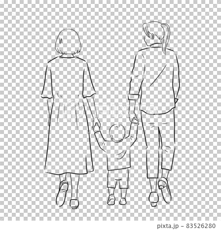 散歩中の家族 同性カップル の後ろ姿のイラスト 白背景 ベクター 切り抜き 線画 のイラスト素材