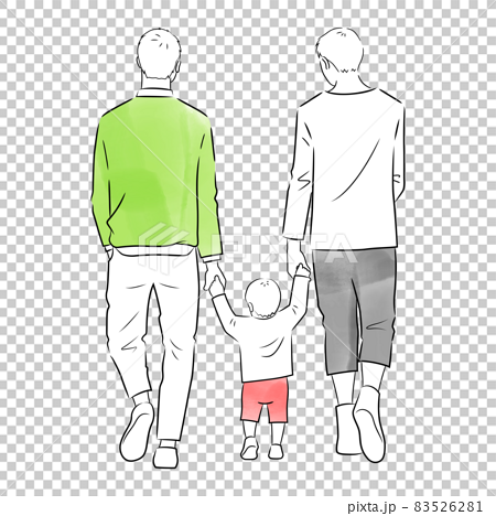 散歩中の家族 同性カップル の後ろ姿のイラスト 白背景 ベクター 切り抜き のイラスト素材