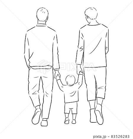 散歩中の家族 同性カップル の後ろ姿のイラスト 白背景 ベクター 切り抜き 線画 のイラスト素材 5262