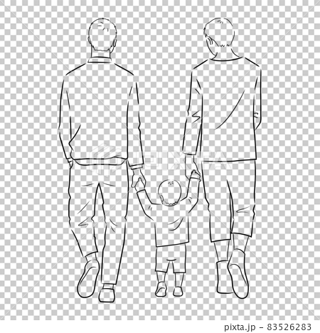 散歩中の家族 同性カップル の後ろ姿のイラスト 白背景 ベクター 切り抜き 線画 のイラスト素材 5262