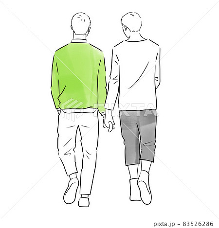 散歩中の同性カップルの後ろ姿のイラスト 白背景 ベクター 切り抜き のイラスト素材
