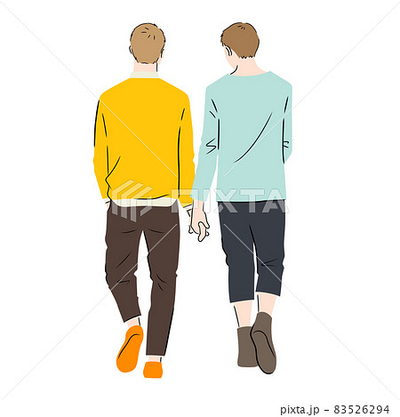 散歩中の同性カップルの後ろ姿のイラスト 白背景 ベクター 切り抜き のイラスト素材