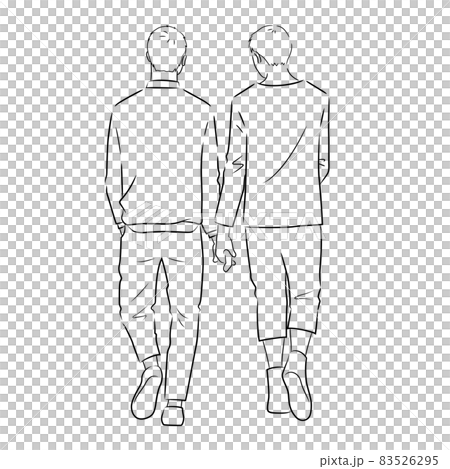 散歩中の同性カップルの後ろ姿のイラスト（白背景・ベクター・切り抜き・線画） 83526295