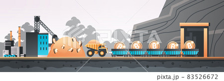 minecart on rails with bitcoins blockchain cryptocurrency mining concept industrial panorama minecart on rails with bitcoins blockchain cryptocurrency mining concept industrial panorama 83526672