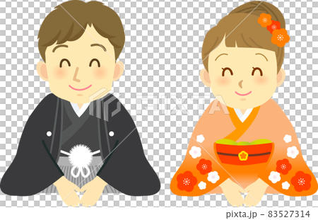 イラスト素材：和装姿の大人の男女が正座で新年のご挨拶をする姿　ニッコリ目セット 83527314