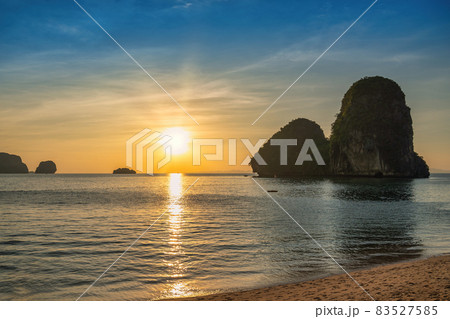 Tropical islands sunset view with ocean sea water at Phra Nang Cave Beach, Krabi Thailand nature landscape 83527585