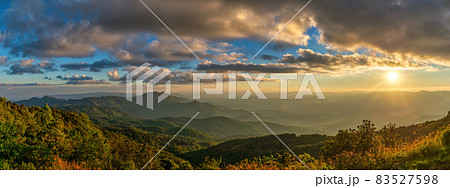 Tropical forest nature landscape sunset view with mountain range at Doi Inthanon, Chiang Mai Thailand panorama 83527598