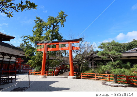 京都にある神社と寺の風景:世界遺産の下鴨神社の境内にある鳥居と輪橋の風景 京都にある神社と寺の風景:世界遺産の下鴨神社の境内にある鳥居と輪橋の風景 83528214