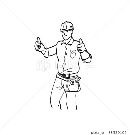 successful male worker with hard hat showing thumbs up hand sign illustration vector isolated on white background line art. 83529105