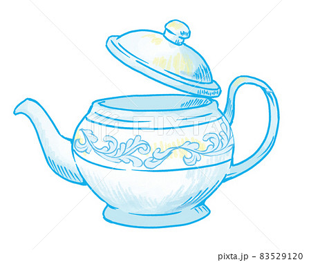 アフタヌーンティーで紅茶を楽しむ不思議の国のアリスのような優雅なポットの陶器のイラスト素材 5291