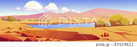 Crater in desert oasis with river, sand and plants Crater in desert oasis with river, sand and plants 83529622