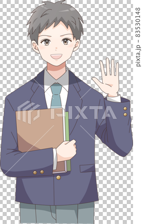Female student waving with a booklet (short hair) 83530148