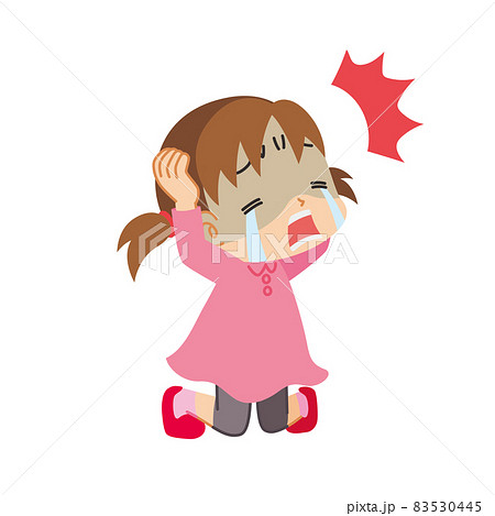 頭を抱えて泣き叫び絶望している可愛い小さな女の子のイラスト 白背景 クリップアートのイラスト素材