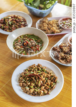 spicy minced meat with mixed vegetables on dish 83530907