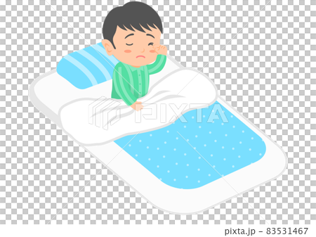 布団から起き上がるもまだ眠い男性のイラスト素材