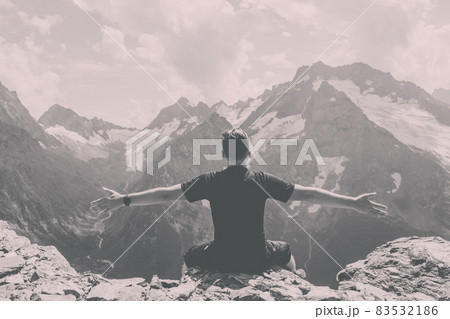 Panorama of mountains scene with dramatic blue sky in national park of Dombay 83532186
