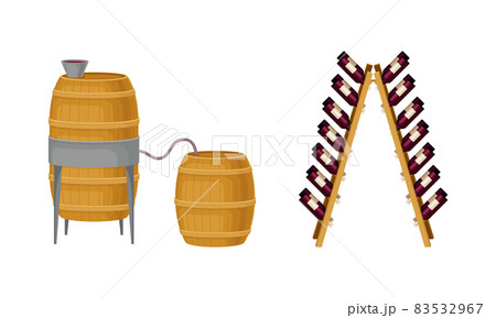 Wooden Barrel with Wine and Glass Bottles in Rack Vector Set Wooden Barrel with Wine and Glass Bottles in Rack Vector Set 83532967