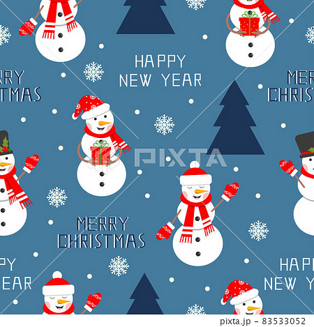 Happy snowman seamless pattern with tree, snowflake and text. Symbol of the Christmas holidays, flat vector illustration Happy snowman seamless pattern with tree, snowflake and text. Symbol of the Christmas holidays, flat vector illustration 83533052