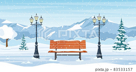 Winter city park with wooden bench, 83533157