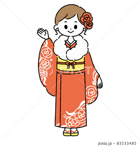 赤い振袖（着物）を着て手を指し示す女性のイラスト お正月 成人式の