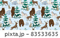 Forest wild animals in the winter snowy forest. Wolf, bear, deer and hare walk in snow trees. Design background textile print , seamless pattern. 83533635