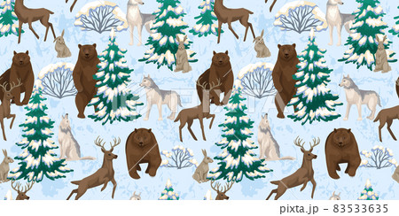 Forest wild animals in the winter snowy forest. Wolf, bear, deer and hare walk in snow trees. Design background textile print , seamless pattern. 83533635