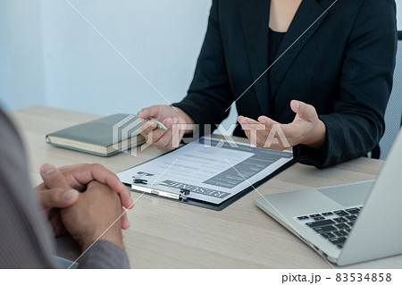 Business people hold a resume and talk to job applicants for job interviews about careers and Her personal history in the company. Recruitment concepts 83534858
