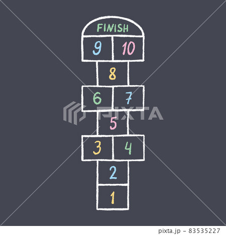 Hopscotch kid activity game. Hopscotch with color numbers drawn in chalk on asphalt. Outdoor summer game. Hand drawn vector illustration 83535227