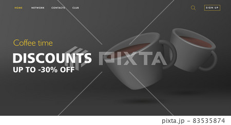 web banner for cafe with black cups with coffee 3d render illustration and discounts promo 83535874