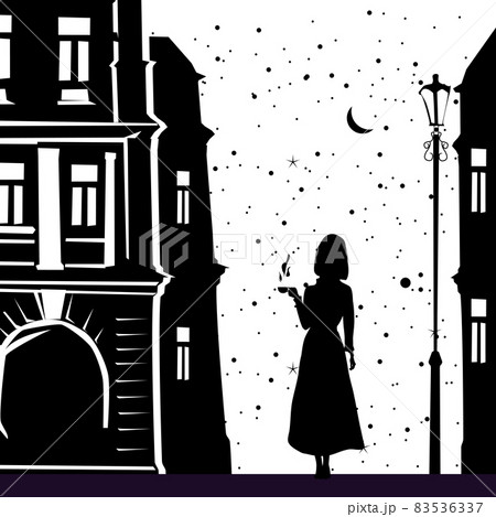 Silhouette elegant girl with cup of coffee, night city, autumn, buildings black color. Vector illustration Silhouette elegant girl with cup of coffee, night city, autumn, buildings black color. Vector illustration 83536337