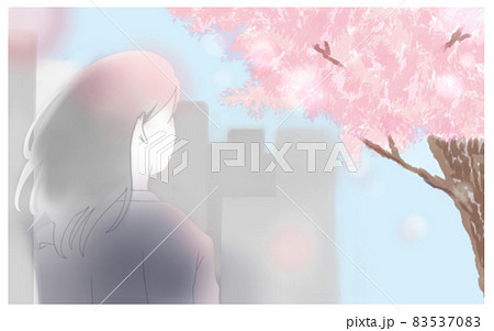 都会の桜を見上げる女性の後ろ姿のイラストのイラスト素材 5370
